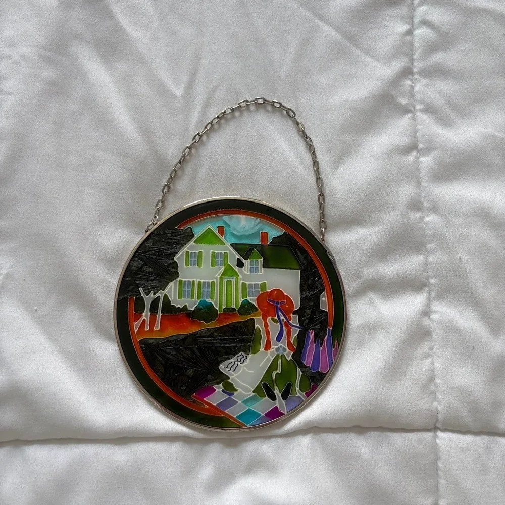 Vintage Stained Glass Suncatcher Farmhouse Girl in Red Hat Window Hanging 5.5